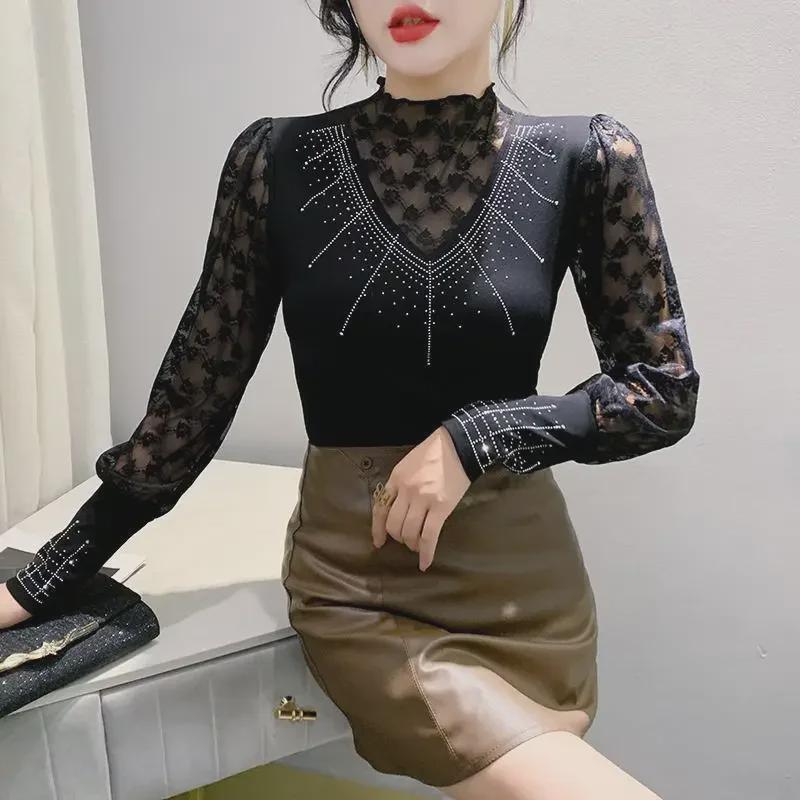 2023 Herbst Europäisches Slim-Spitzen-Langarm-Damenhemd mit Hot-Drilling-Design