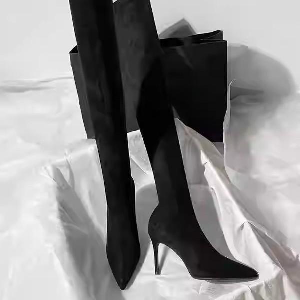 Black high-heeled knee boots women's new autumn and winter elastic suede pointed high boots