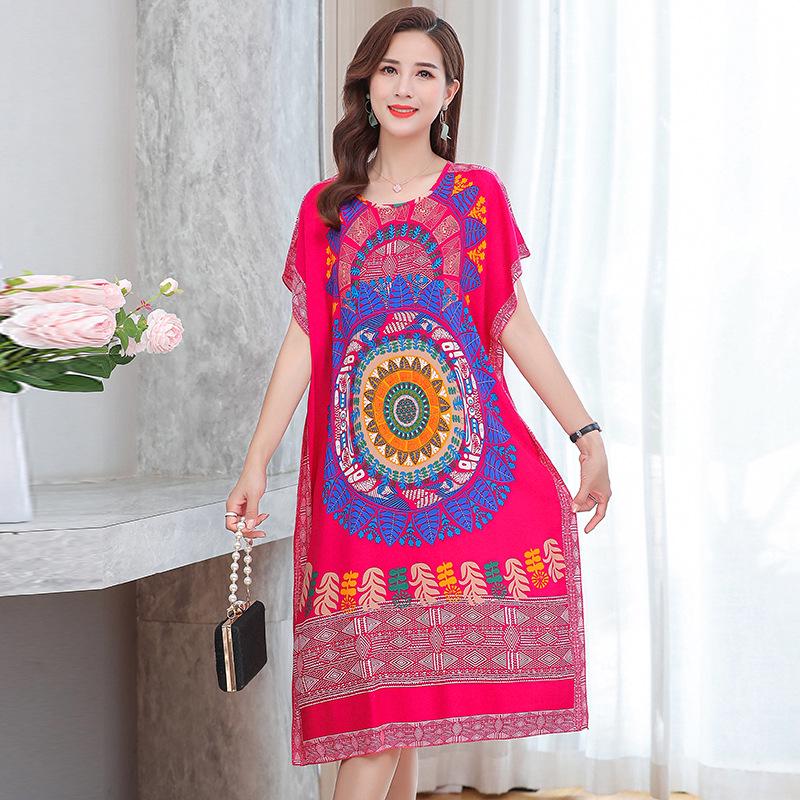 Summer Cotton Silk Loose Fit Mid-Length Bat Sleeve Dress for Women - Plus Size, Belly Covering, Slimming Beach Dress for Moms