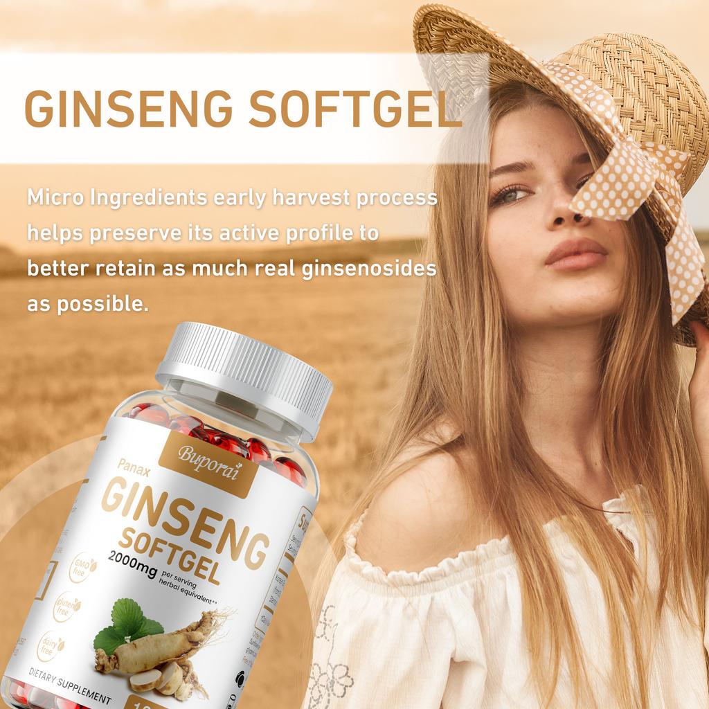 Buporai Ginseng Soft Capsules, containing 2000 mg, nutritional supplement, suitable for adults.