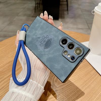 Solid Color Leather Slim Phone Case For Samsung S25 Edge S24 FE S23 Ultra S22 A56 A36 A55 A16 A15 Astronaut Matte Shockproof Soft Lanyard Bumper Cover