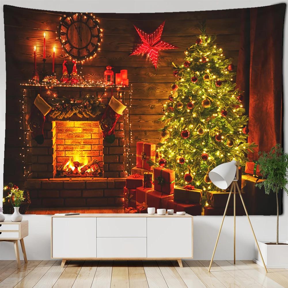 Neon Fireplace Tapestry Wall Hanging Christmas Tree Gift Socks New Year Atmosphere Background Cloth Witchcraft Home Decor