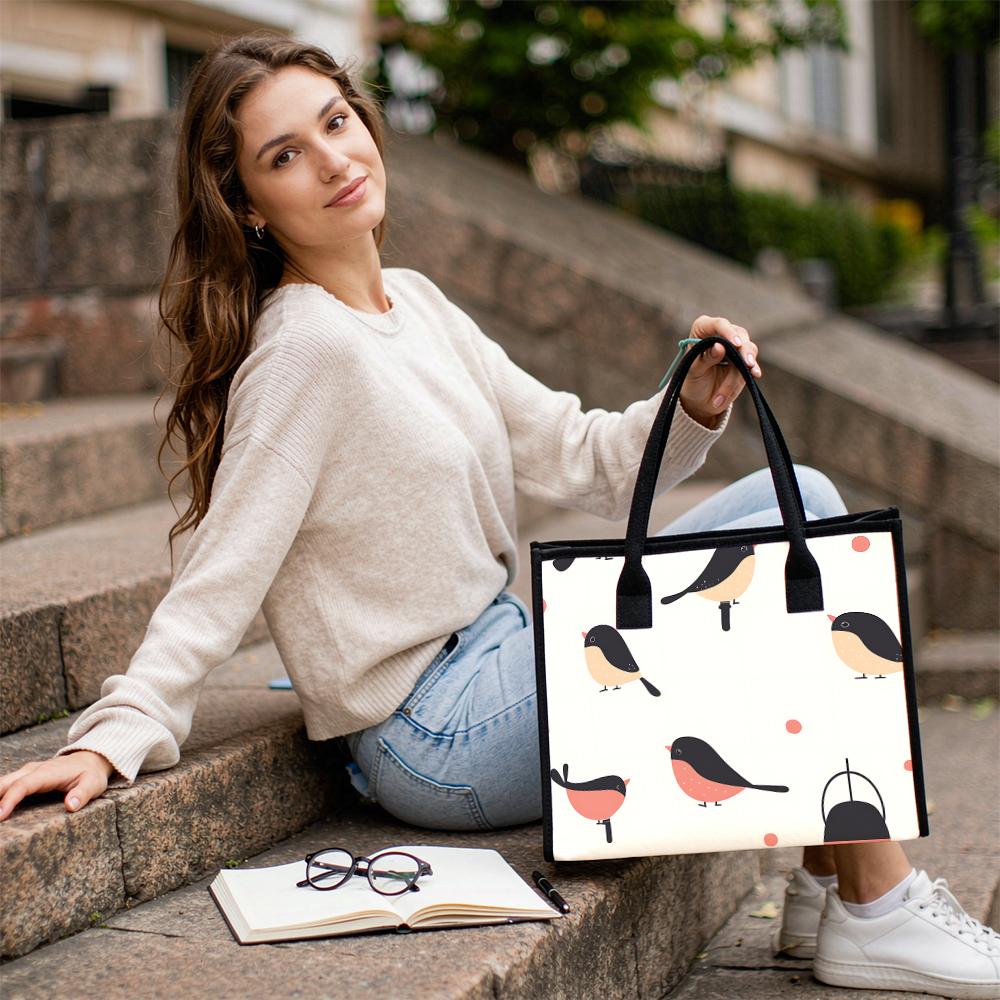 Cute Bird Printed Canvas Tote Bag Fashionable Casual Large Capacity Daily Shoulder Handbag for Women