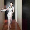 Summer new niche temperament retro printing improved split fork slim slim dress women
