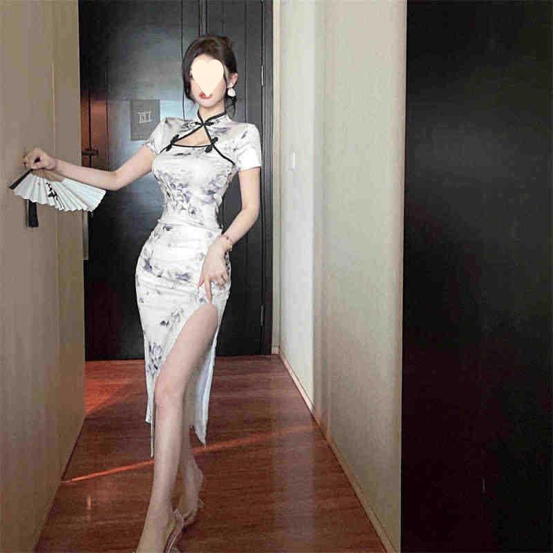 Summer new niche temperament retro printing improved split fork slim slim dress women