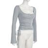 Bell Sleeve Slim Crop Tops Bow Skinny Knitwear Sweet Bottoming Top  Spicy Girl