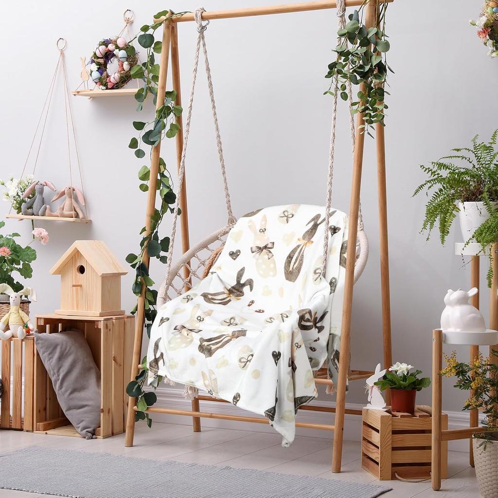 Easter Bunny Happy Blanket 50x60 Inch Rabbit Eggs Love Heart Bows Fleece Throw Decoration Farmhouse Blanket Soft Warm Bed Ornaments for Couch Sofa