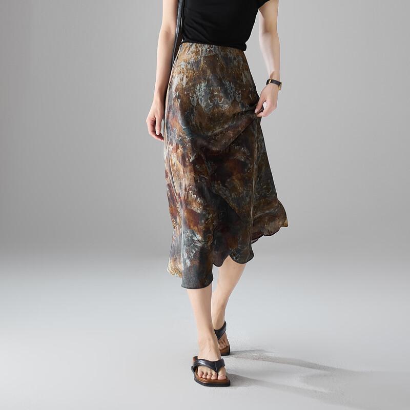 SOFSIL 2026 Summer 100% Silk Printed A-Line Skirt L