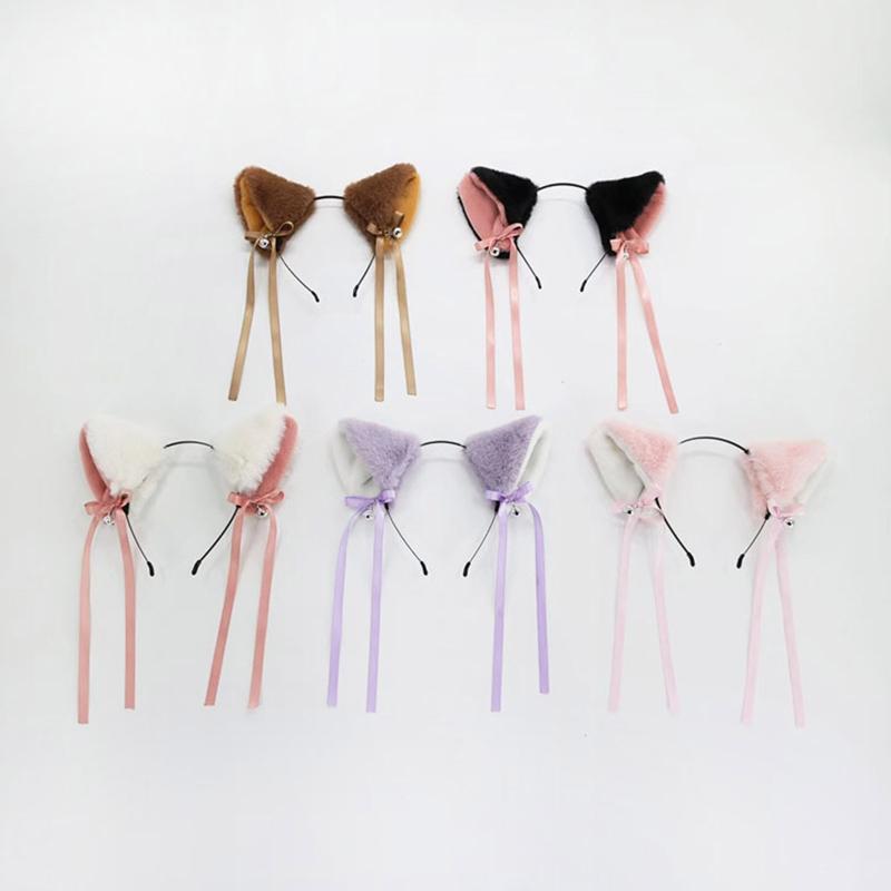 Lolita Cats Ears Hair Hoop Plush Headdress Simulation Animal Headband with Bowknot All-match Headband for Street Shoo
