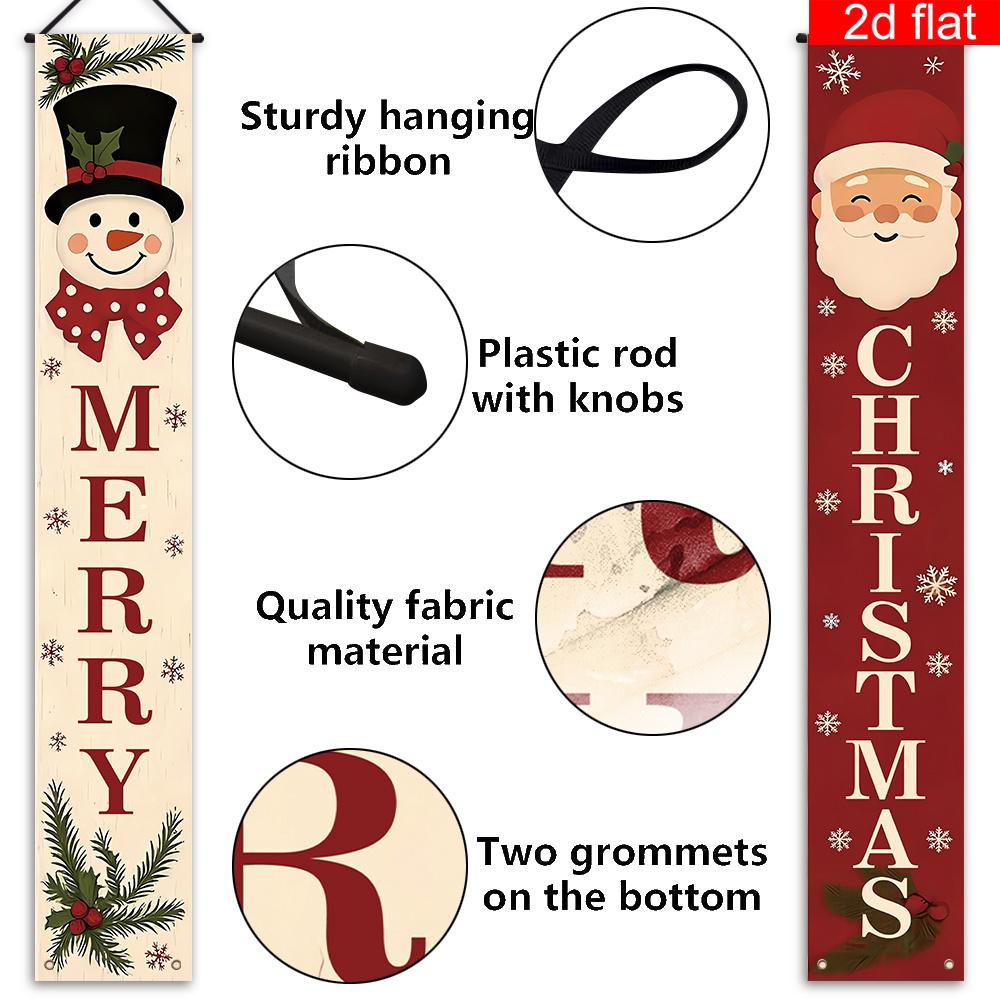 Merry Christmas Porch Sign Santa Claus Snowman Family 1 Pair Polyester Indoor Outdoor Decor