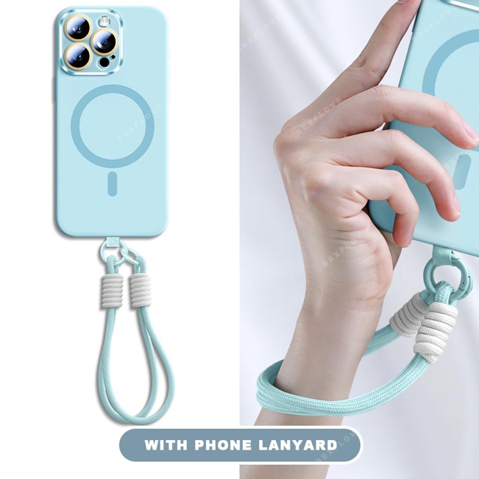 Lanyard Phone Case For iPhone 15 14 16 Plus 11 12 13 16 Pro Max Magsafe Liquid Silicone Magnetic Strap Charge Protector Cover