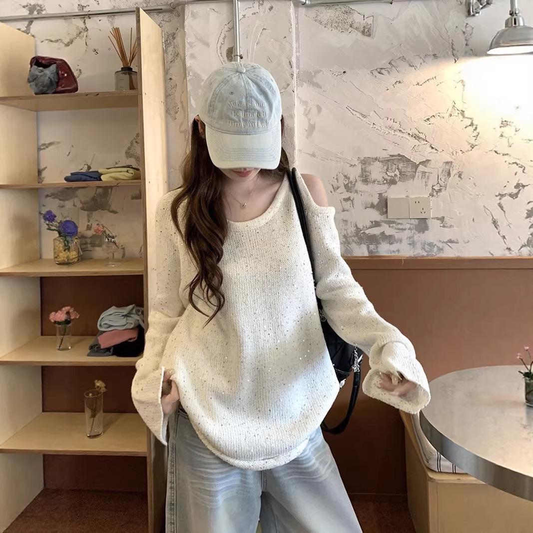 Women s Off-Shoulder Sequin Long-Sleeve Loose-Fit Casual Top - Spring/Autumn M (Premium) абрикосовый