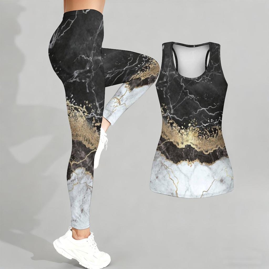 Marmoriertes gedrucktes Yoga-Outfit für Damen Mode-Workout-Leggings Fitness-Sport-Freizeit-Yoga-Set Sportanzug