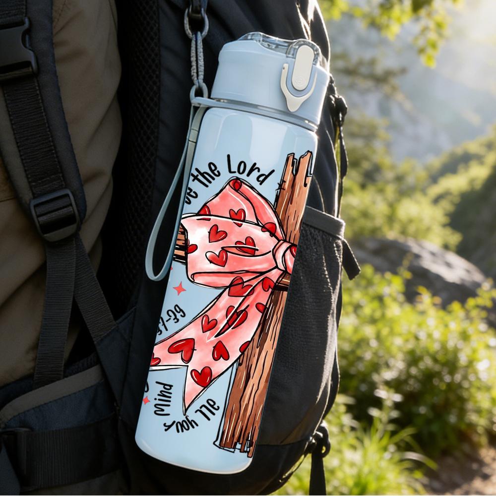 1PC Plaid Bow Wooden Cross Floral 750ml Color Plastic Sports Water Bottle Leakproof Flip Straw Lid Suitable for Sports Office Home Use