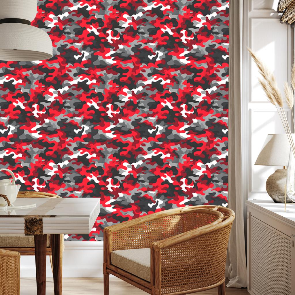 Red and graphite military camouflage wallpaper for living room and bedroom 50x1000