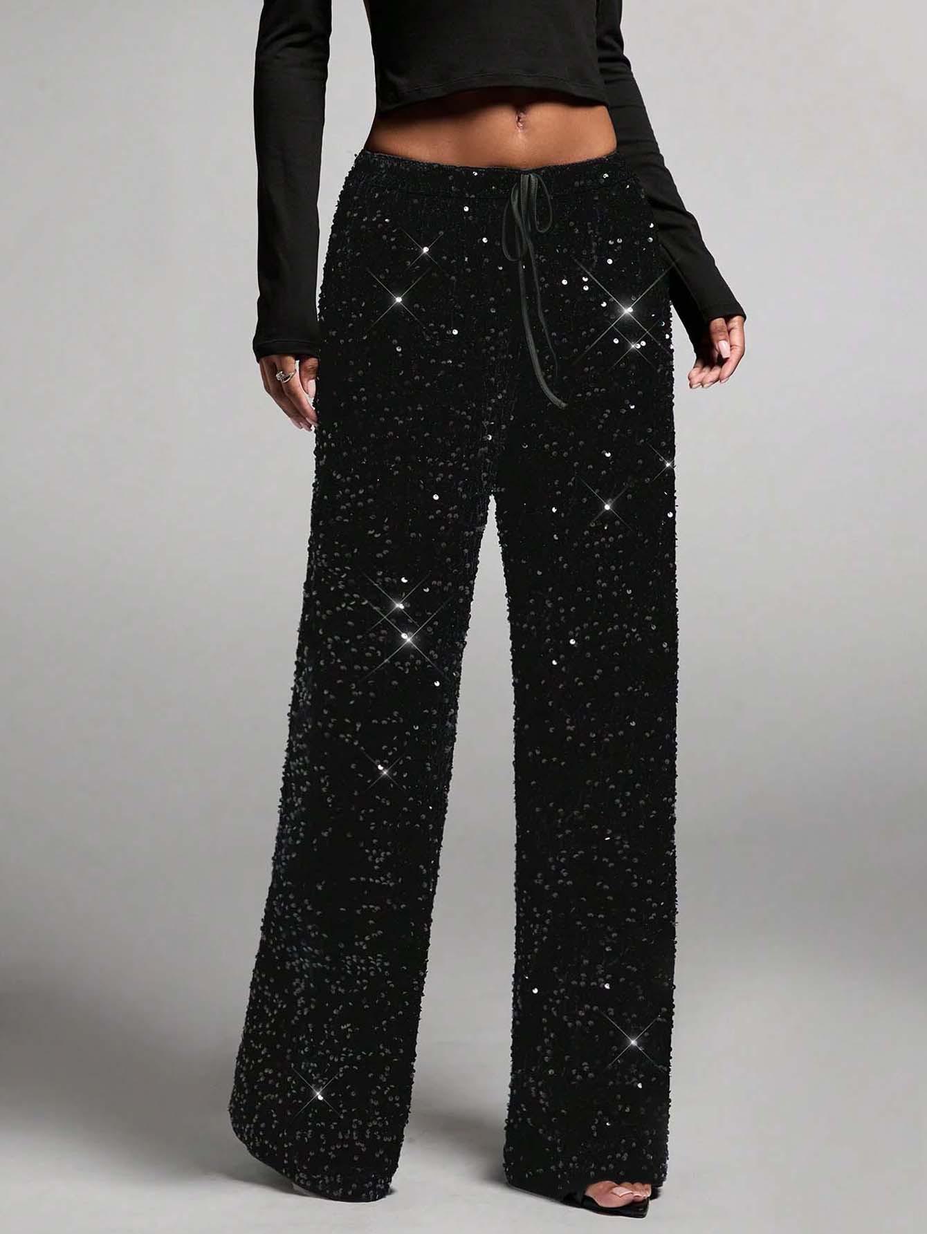 

Cross-Border Sequin Drawstring Slimming Straight-Leg Women s Fashion Pants XL