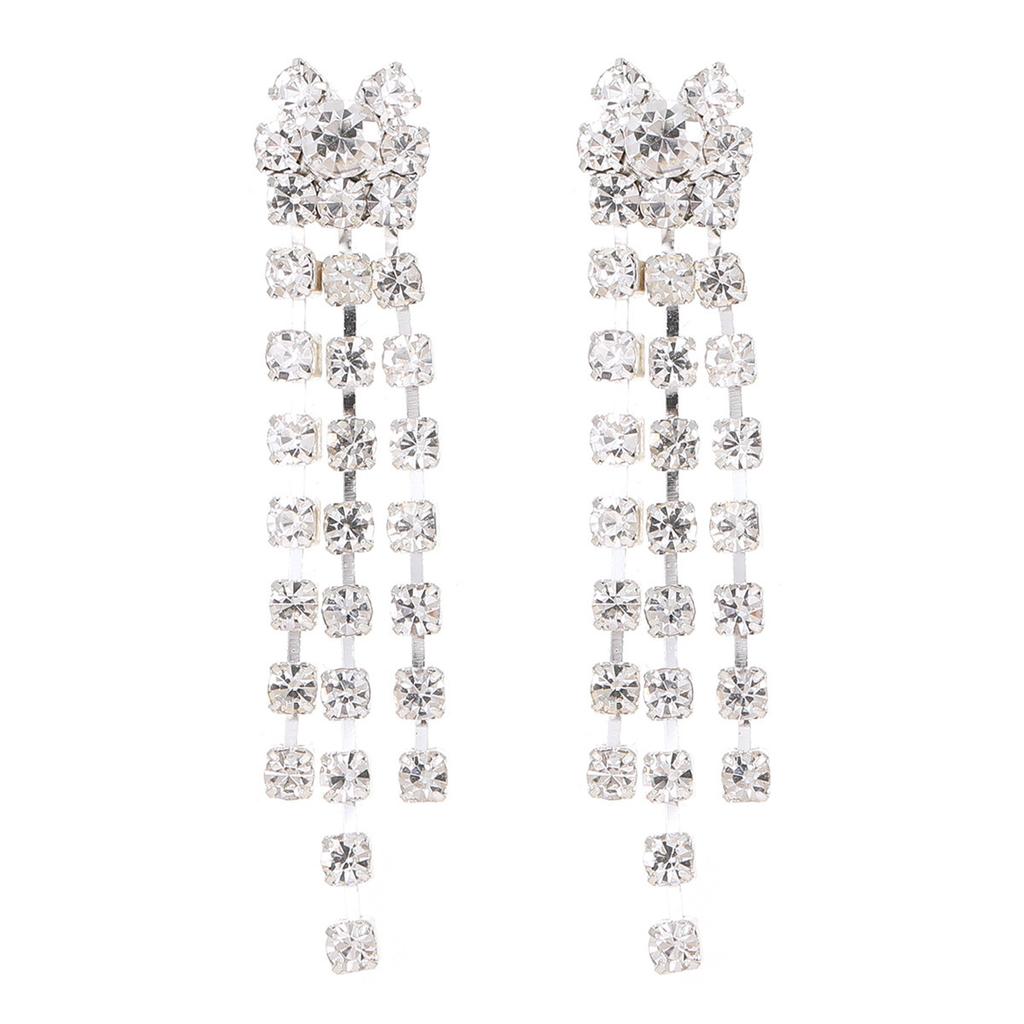 European and American Temperament Luxury Shiny Rhinestone Necklace Earrings Two-piece Set, Bow Tassel Pendant Item Jewelry
