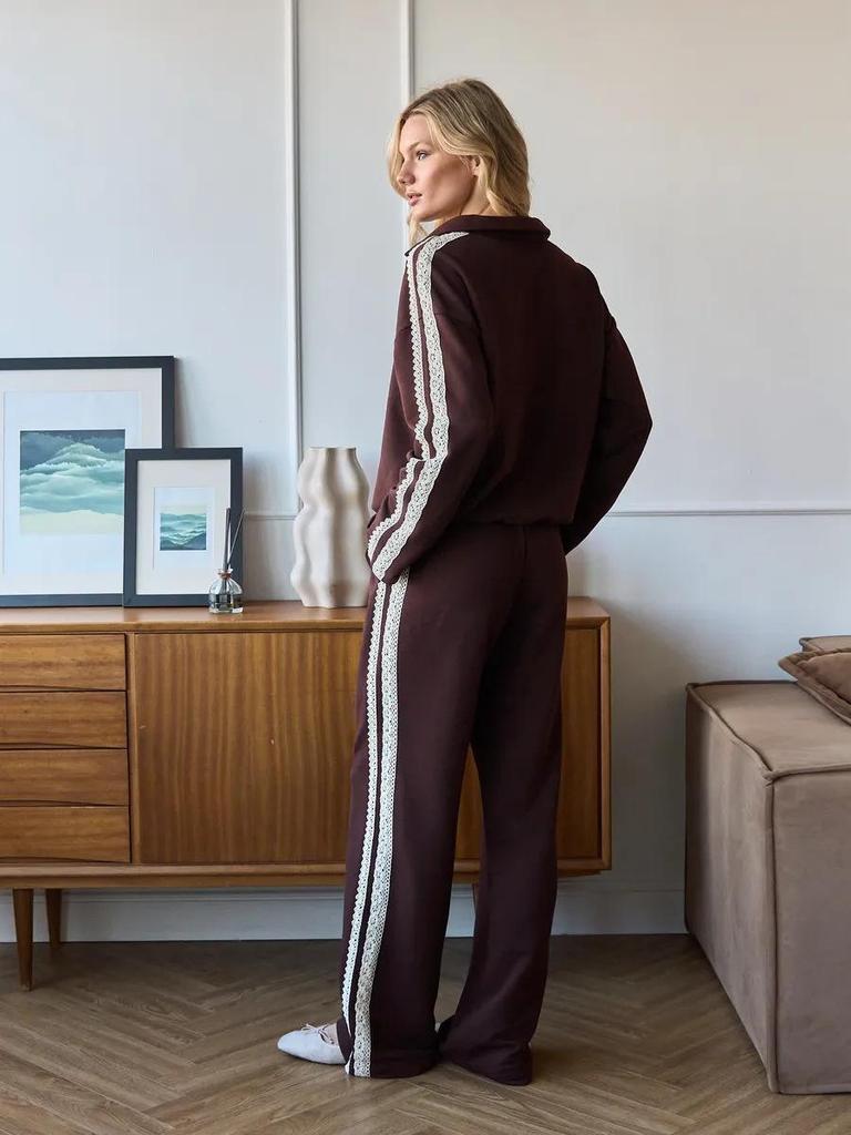 Completo casual da donna con bordi in pizzo, colletto ripiegabile, maniche lunghe e pantaloni per Primavera/Autunno