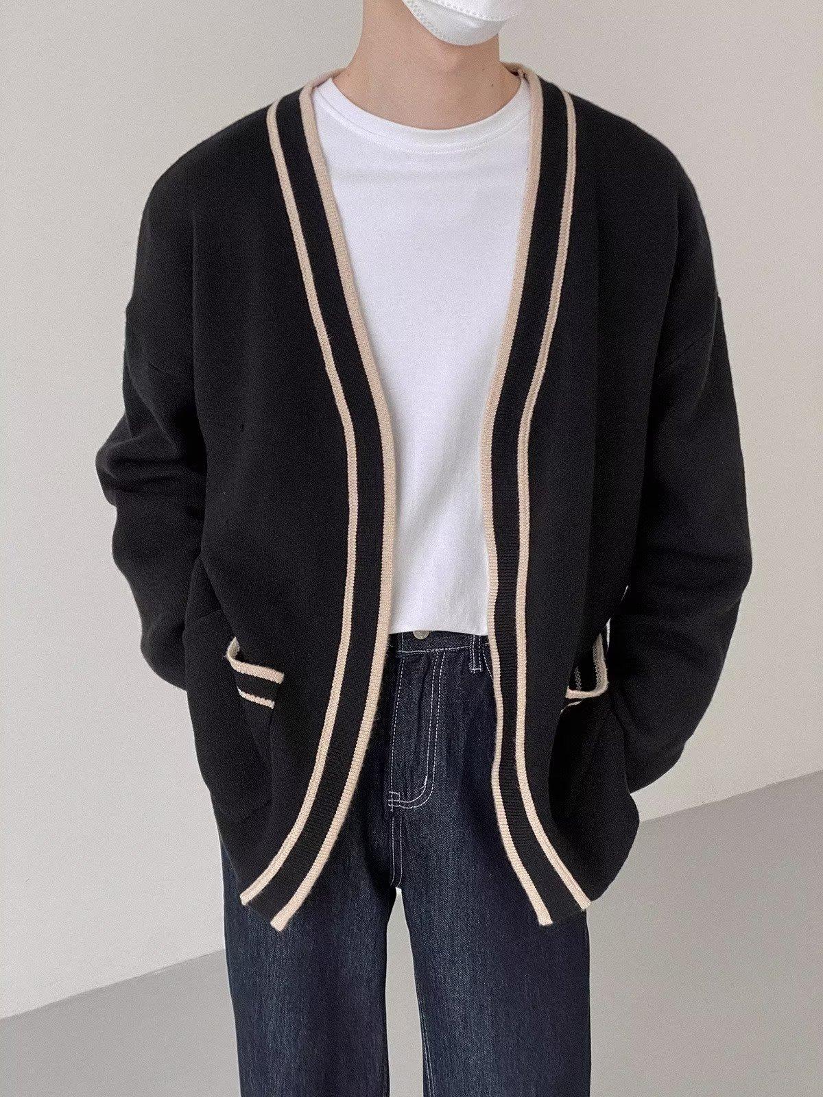 Мужской кардиган весенне-осенний новый V-образный вырез вязаный свитер корейская версия свободный ленивый повседневный модный нитяной кардиган мужской 3XL чёрный 2890₽