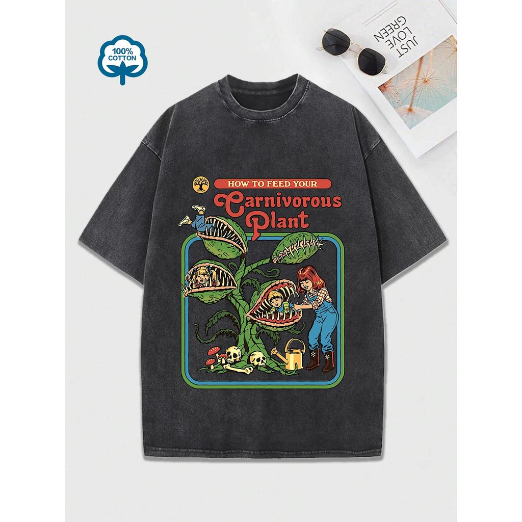 Chomper Comic Pattern Print Women Washed Tshirts Summer T-Shirt Breathable O-Neck Distressed Tee Shirts Soft Cotton Tops