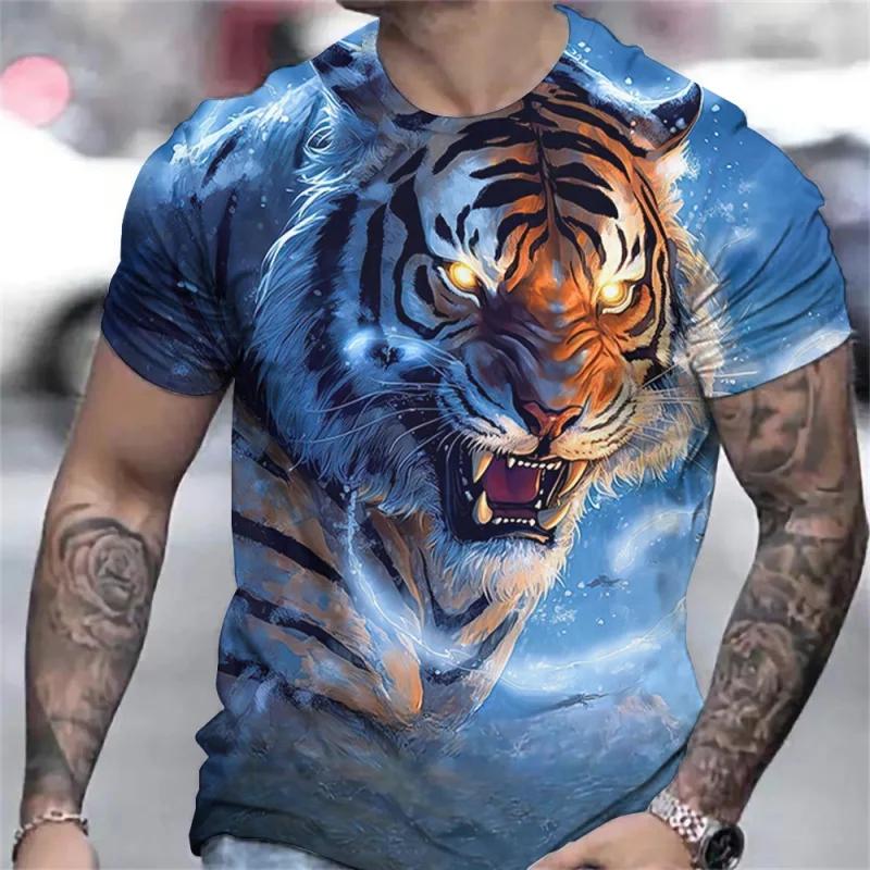 Tiger Fun Animal 3D Print Moon Tower Sports Breathable Men T-shirt Outdoor Street Loose Casual Fitness Short Sleeve