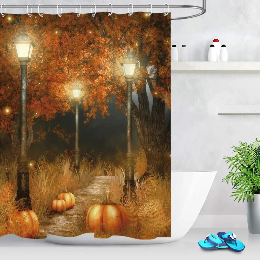 Autumn Fall Shower Curtains Brown with Thanksgiving Harvest Pumpkin Bathroom Curtain for Halloween Party Home Decor with Hooks