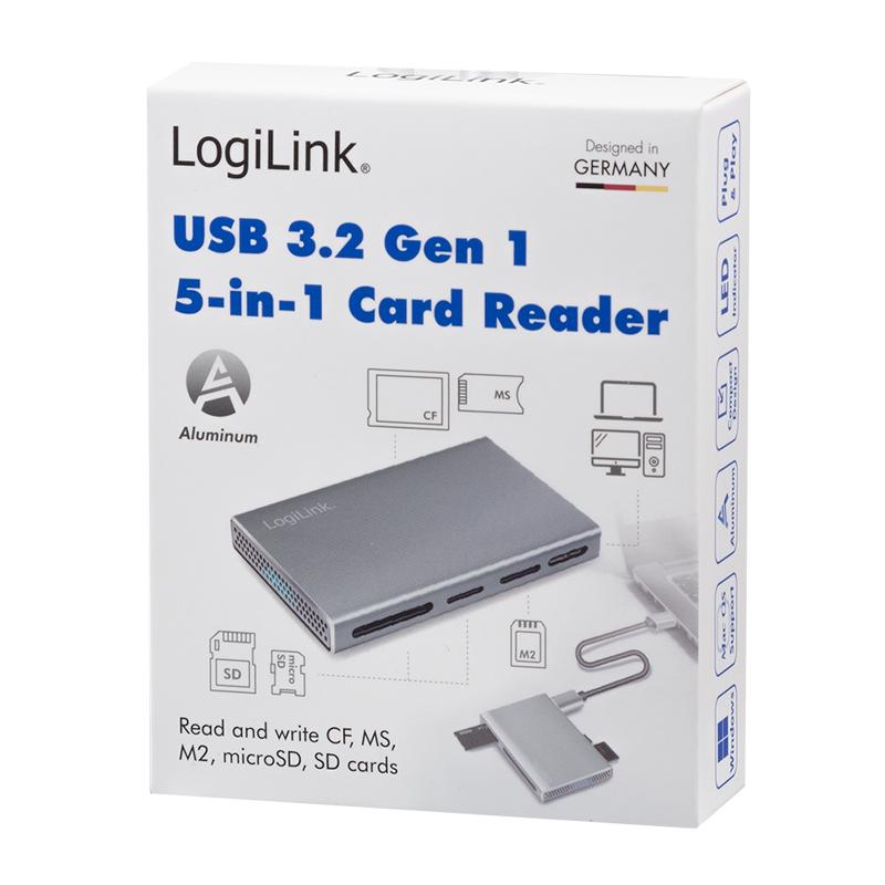 LogiLink 5-in-1 USB 3.2 Gen1 Card Reader, Aluminum, SD/microSD/MS/CF/M2