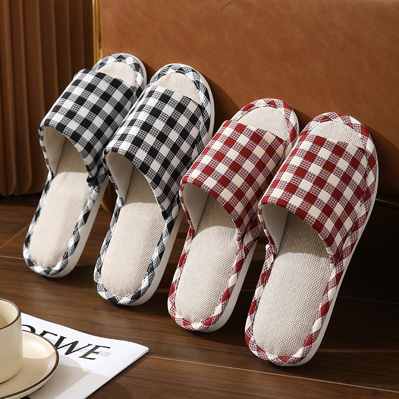New Four Seasons Wood Flooring Home Couple Cotton and Hemp Four Seasons Cloth Slippers Diamond Checkerboard and Linen Slippers