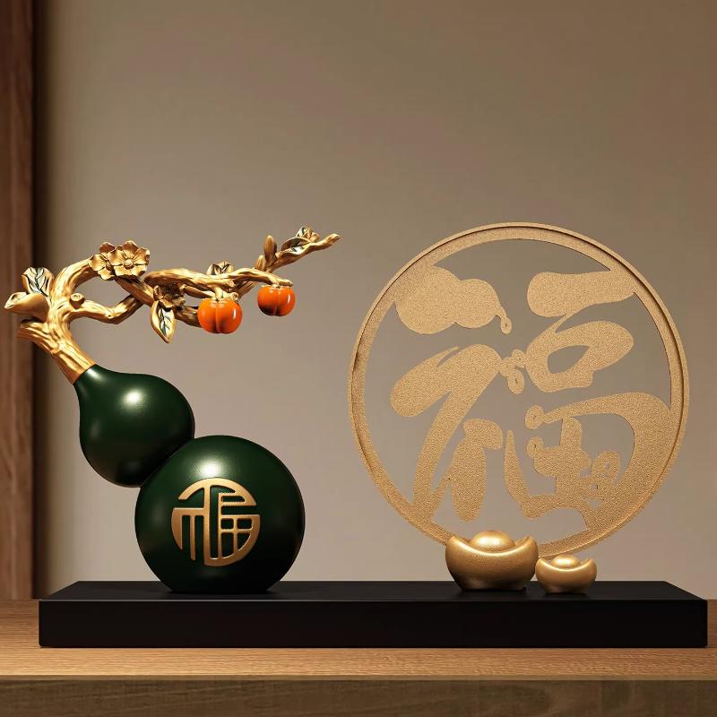 Hand Painted Calabash Ornament,Creative Lucky Gourd Decor for Office Desk Blessing,Chinese Feng Shui Art Craft for Shelf Display