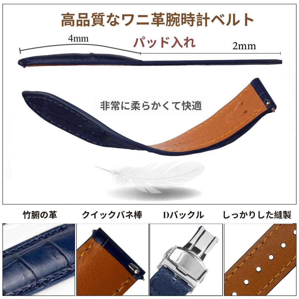 [vinacreations] 20mm Navy Blue Crocodile Watch Strap with D-Buckle, Men's Crocodile Replacement Watch Band with Quick Release Spring Bar, Silver Wrist