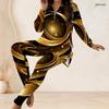 Women Plus Size Two Piece Pants Set Half Zip Neck Long Sleeve Printed Longline Top Fitted Pants Black White