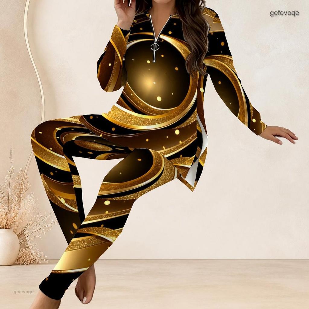 Women Plus Size Two Piece Pants Set Half Zip Neck Long Sleeve Printed Longline Top Fitted Pants Black White