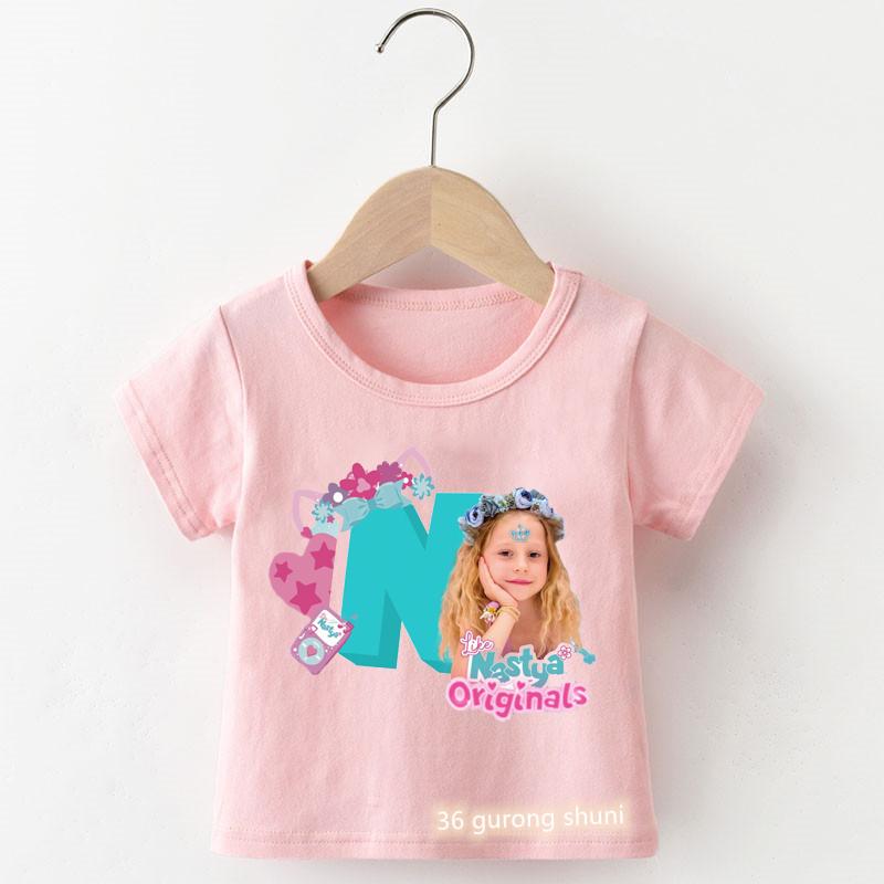 Nuova T-shirt Nastasja Girl Calda e Popolare, alla Moda Stampa Cartoon Estiva Rosa per Bambine