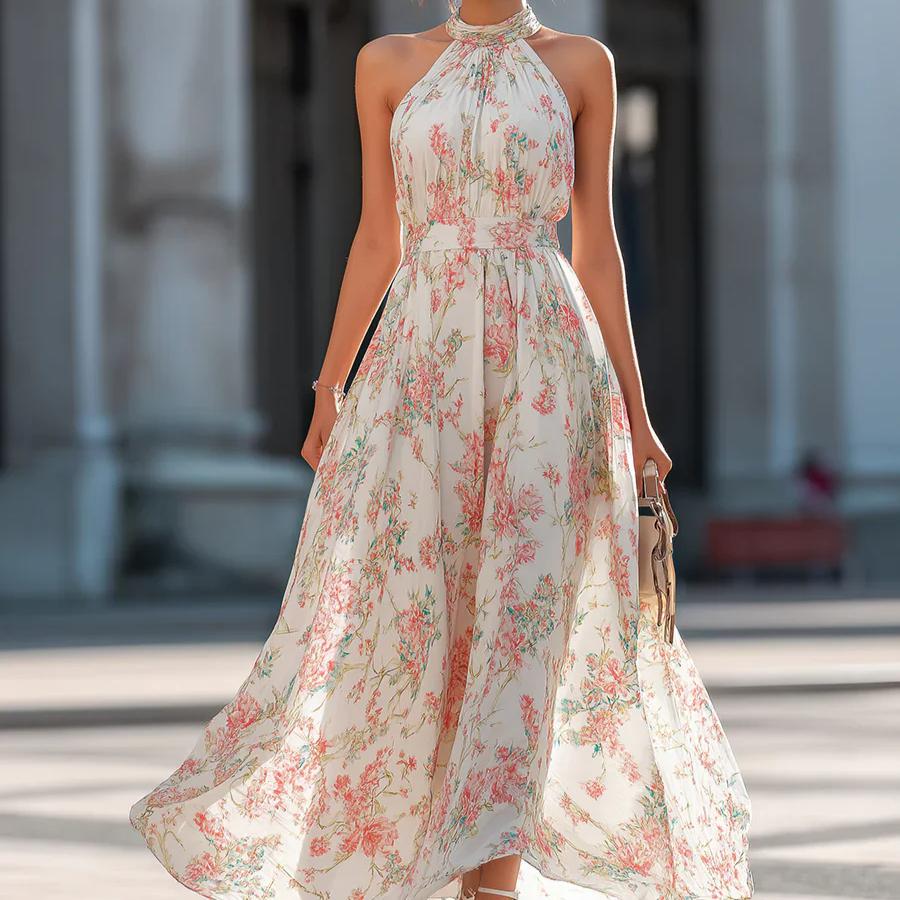 Maxi Abito da Donna con Scollo all'Americana, Stampa Floreale e Pieghe in Chiffon, per Matrimonio in Spiaggia e Festa