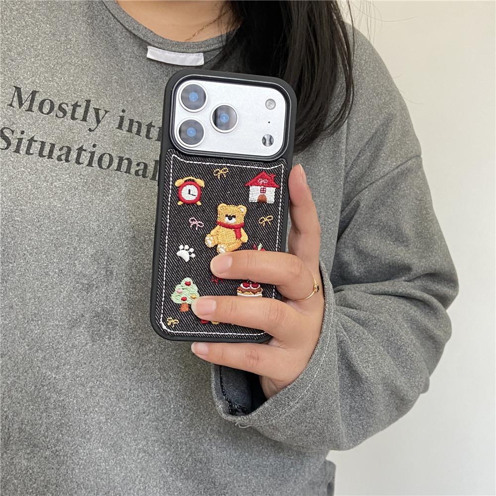 Korean Style Embroidered Phone Case for iPhone 14/16/17 Pro Max - Women's Model