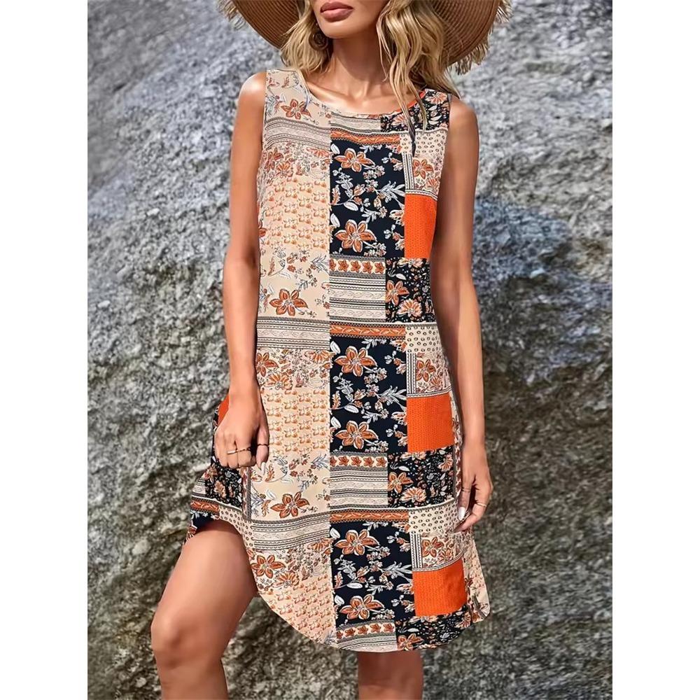 2025 Ethnischer Stil Damen Vintage Muster Blumen Druck Kleider Sommer Mode Ärmelloses Kleid Lässig Sommerkleid Strand Locker Kleider