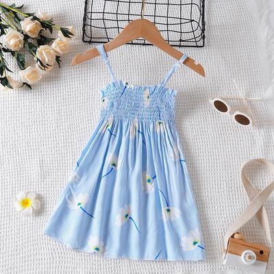 Summer Girls' Smocked Floral Dress with Adjustable Straps