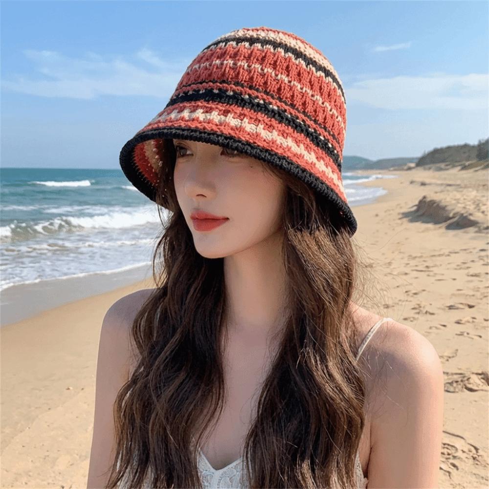 Temperament Knitted Bucket Hat Stripe Sun Protection Cap Foldable Sunshade Basin Cap Seaside