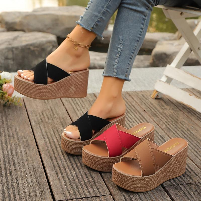 Summer Crossed Wedge Heel Slippers Women's Muffin Large Size Casual Thick Bottom Cool Slippers 34-43