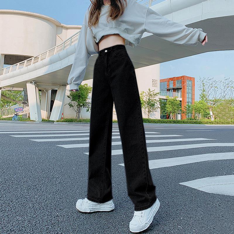 

Women s Khaki Korean-Style High-Waist Loose-Fit Straight Wide-Leg Jeans XL