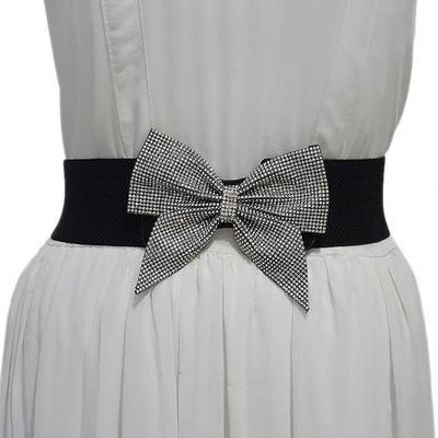 Women Casual Belt Elastic Waistband Snap Button Closure Waistband Shiny Rhinestones Bowknot Decor Belt