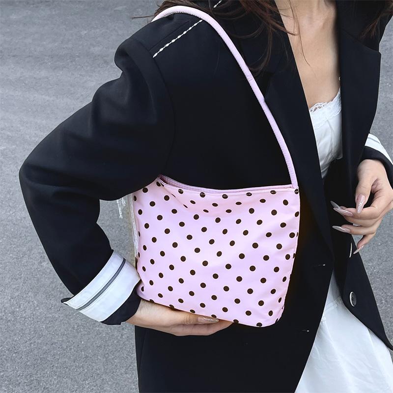 Polka Dot Nylon Shoulder Bag Cute Lace Bow Decor Casual Hobo Bag Lightweight Daily Purse Handbag Vertical Square Underarm Bag