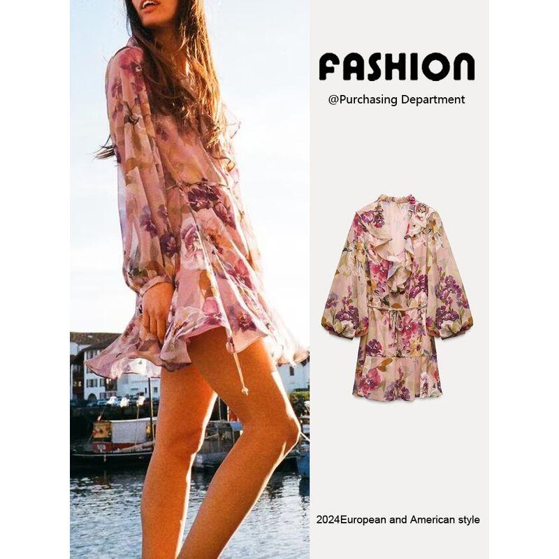 Za2025 Spring New Women's Clothing Temperament Wild Flowers Print Laminated Decoration Mini Dress 2503131