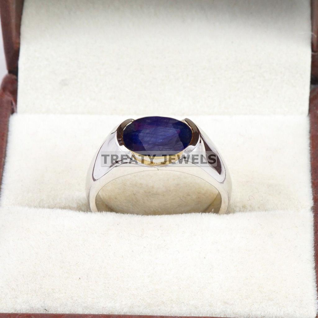 Erkekler İçin 925 Ayar Gümüş Yüzük Üzerinde Mavi Safir Oval Kesim Değerli Taş #B609 JL375686498301