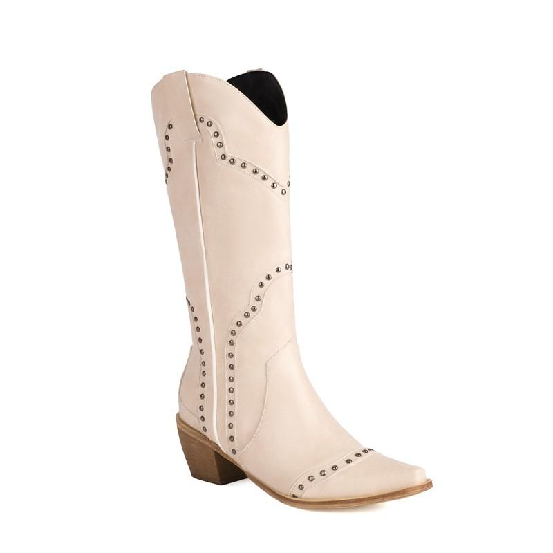 New Fashion Retro Punk Rivets Western Boots Women Square Toe Chunky High Heels Slip On Mid-calf Riding Boots Large Size 41 42 43