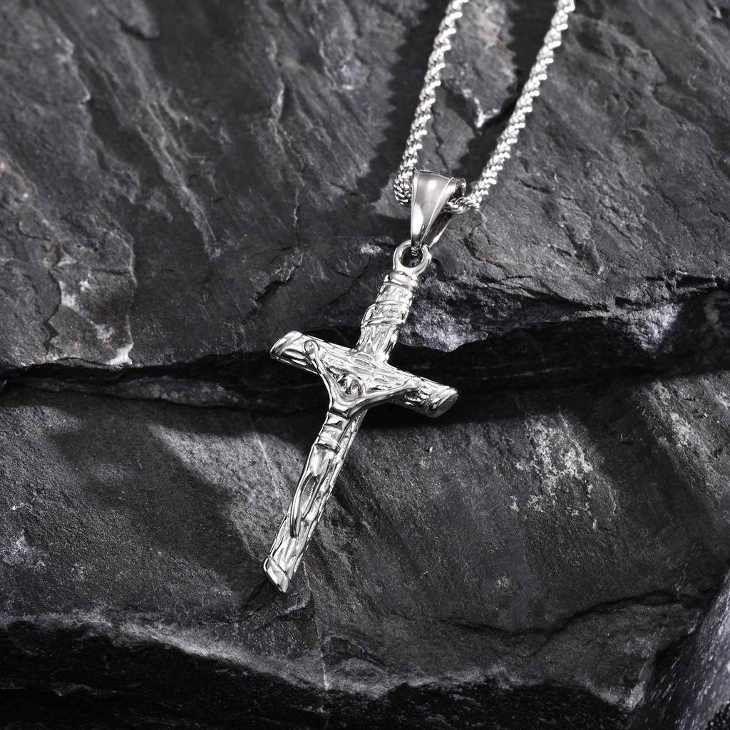 Stainless Steel Crucifix Necklace for Men Boys,Catholic Cross Pendant Necklace with Twisted Rope Chain,Faith Prayer Jewelry