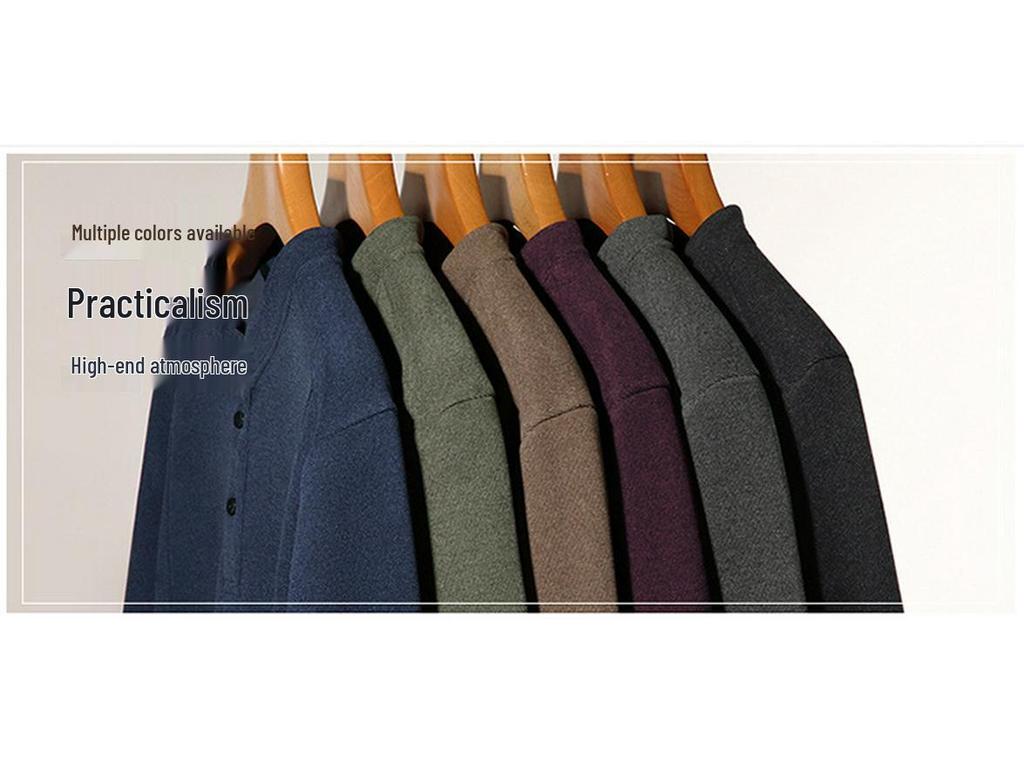 Men's Stand Collar Fleece T-shirt: Chinese Style, Long Sleeve, Thickened Velvet, Warm Casual Sweatshirt for Autumn/Winter.