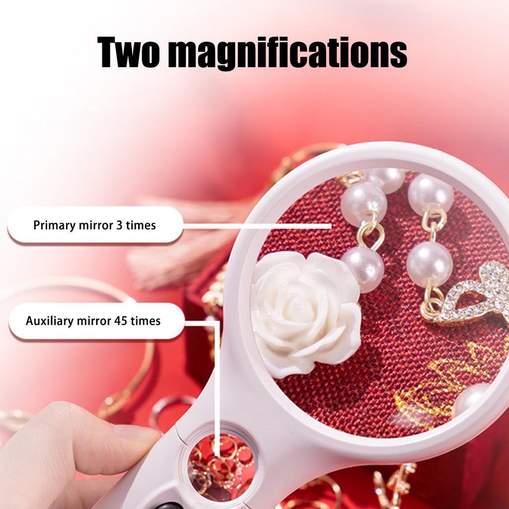 White Magnifying Glass Handheld Main Lens 3X Secondary 45X Magnifier With Led Light For Reading Magnifying Glass Jewelry Loupe