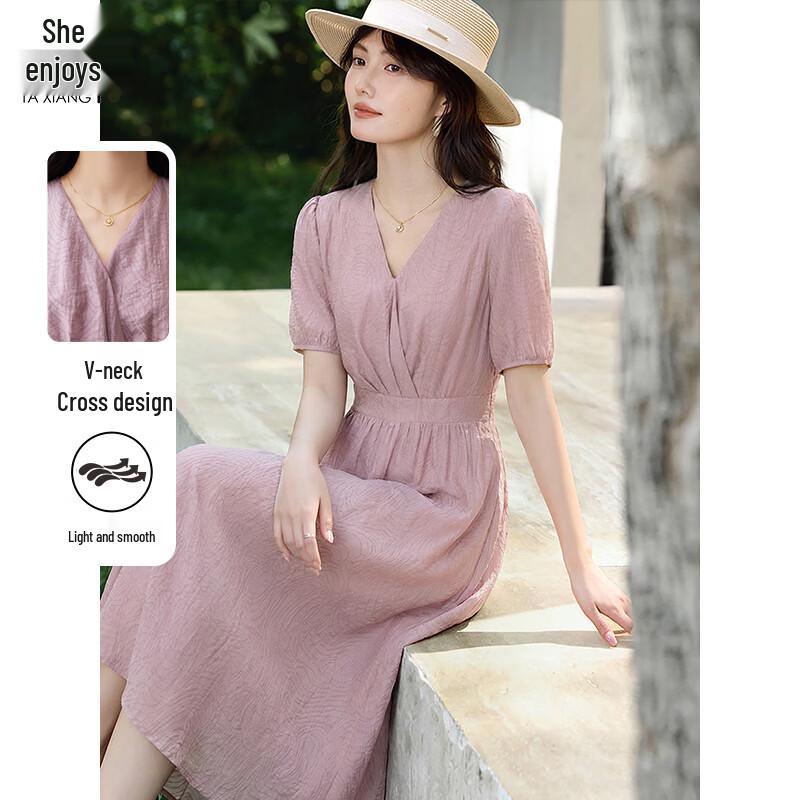 Women's Lyocell V-neck Short Sleeve A-line Midi Dress