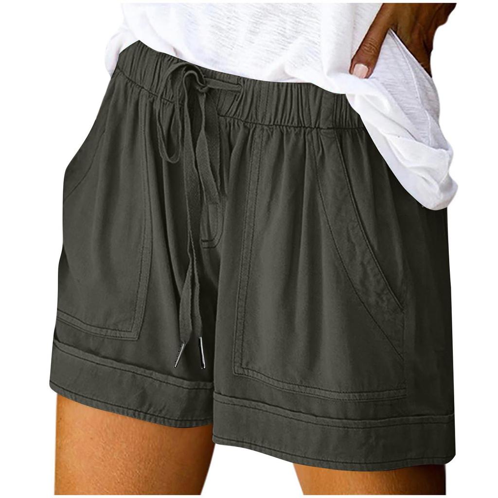Women's Fashion Solid Color Drawstring Strap Pocket Casual Shorts